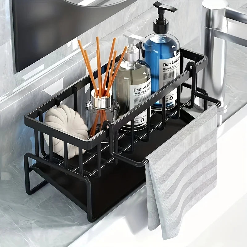 Multi-Functional Sink Caddy Organizer 9.1 Inch Wide Kitchen Storage Sponge Drain Rack with Dishcloth Holder