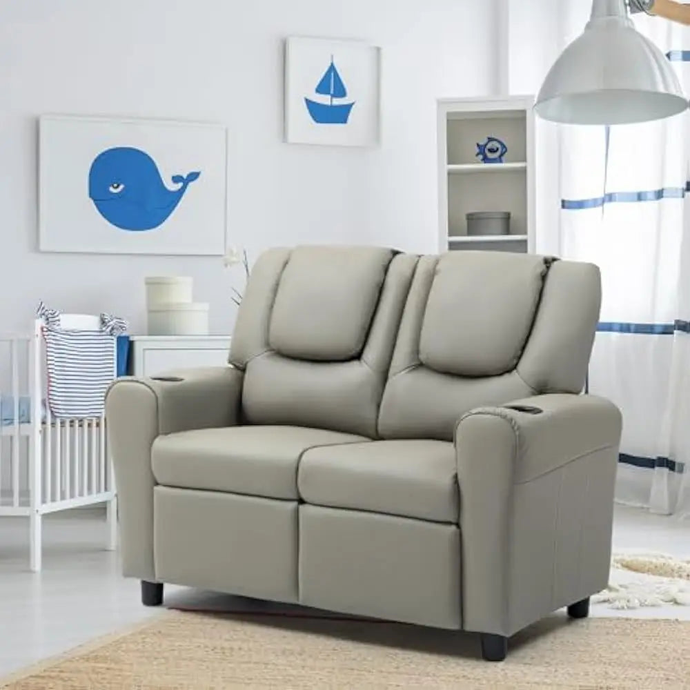 Double Recliner Chair With Cup Holder PU Leather Kids Sofa
