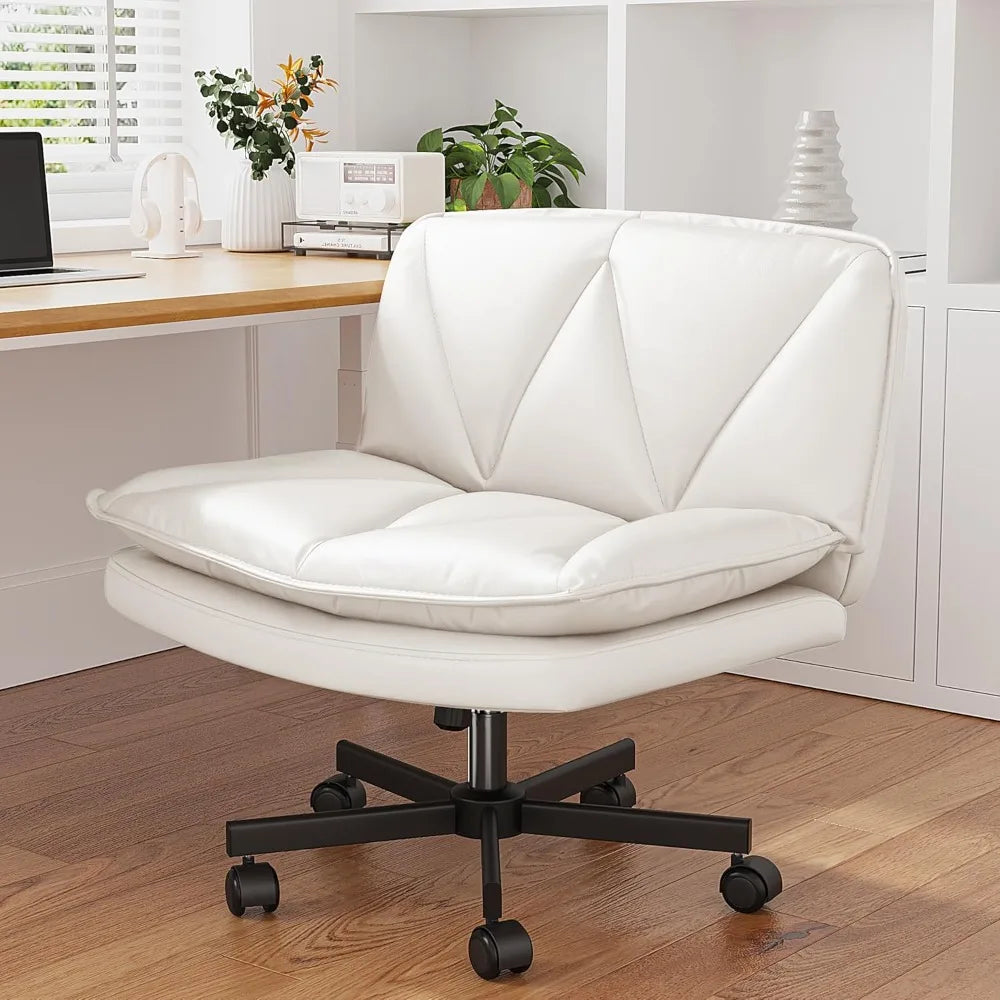 Armless 27 Inch Wide Criss Cross Chair with Wheels Leather Cross Legged Vanity Chair with Two Layer Cushion Swivel Modern Home Office White