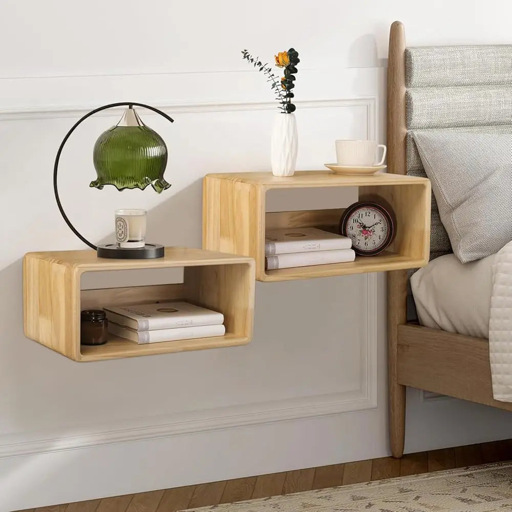 Floating Nightstand Set 2 Wall Mounted Pine Wood Table