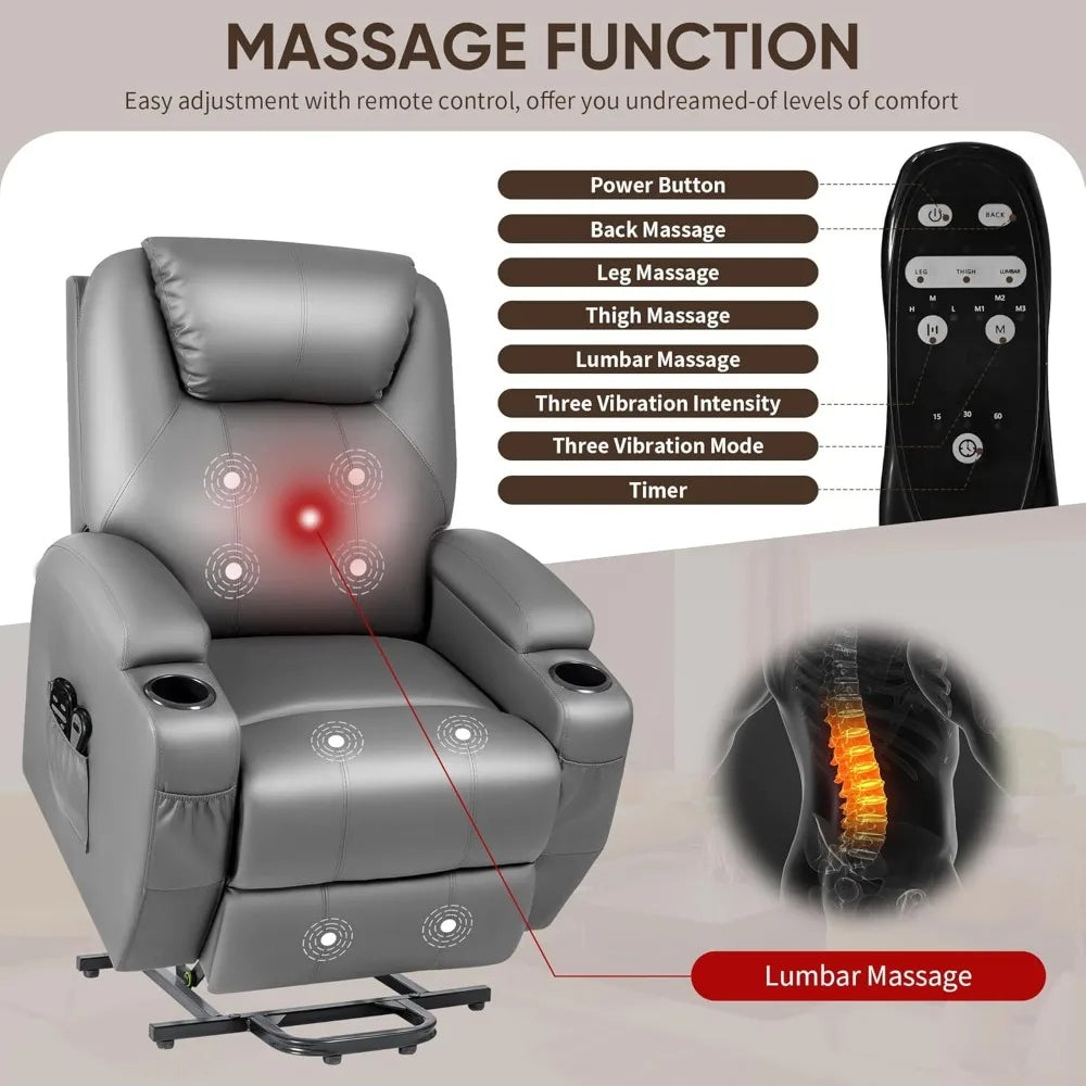Power Lift Recliner Chair with Massage for Elderly PU Leather Modern Reclining Sofa Chair with Cup Holders and Remote Control