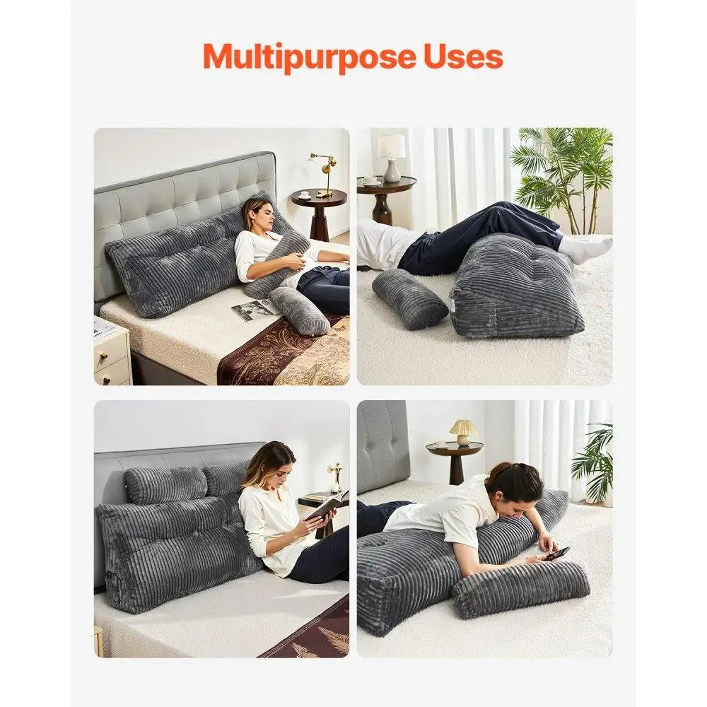 Cozy Queen Size Wedge Headboard Pillow with Side Pockets and Washable Flannel for Reading Gaming and Working in Bed Grey