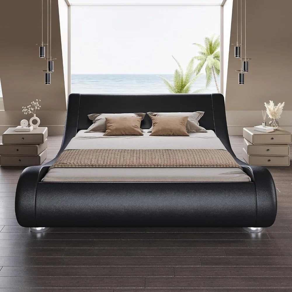 Bed frame, Low Profile Sleigh Bed with Faux Leather Ergonomics Headboard, No Box Spring Needed Easy Assembly, Bedroom Furniture
