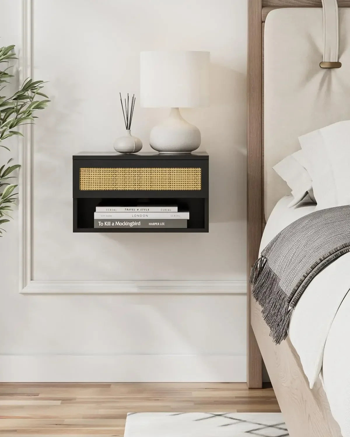 Floating Nightstand With Drawer Black Rattan For Bedroom
