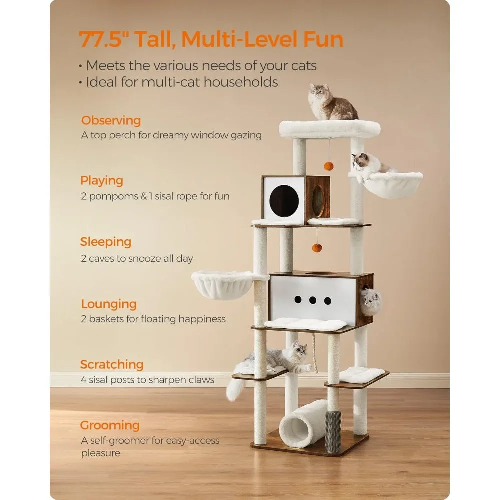 Cat Tree 77.5 Inch Tall Modern Cat Tower for Large Indoor Cats Multi Level Cat Condo with 2 Caves 2 Hammocks 4 Scratch Posts Heather Griege
