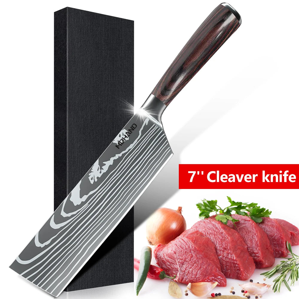 8PCS Japanese Kitchen Knife Set Professional Laser Damascus Pattern Stainless Steel Meat Cleaver Slicer Knife