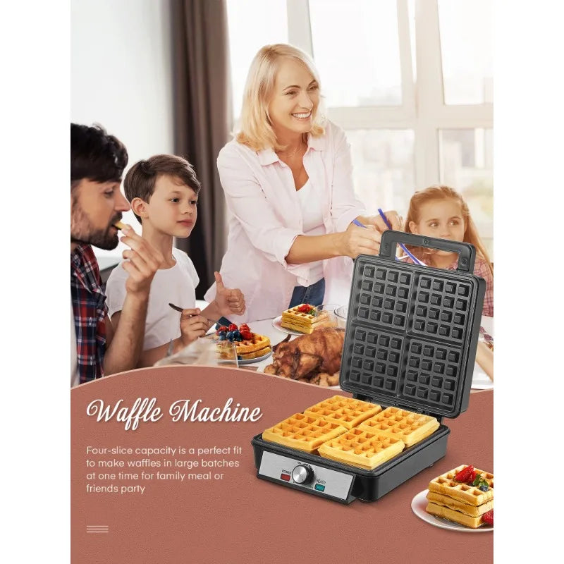 FOHERE Four Waffle Maker Electric Belgian Black Stainless