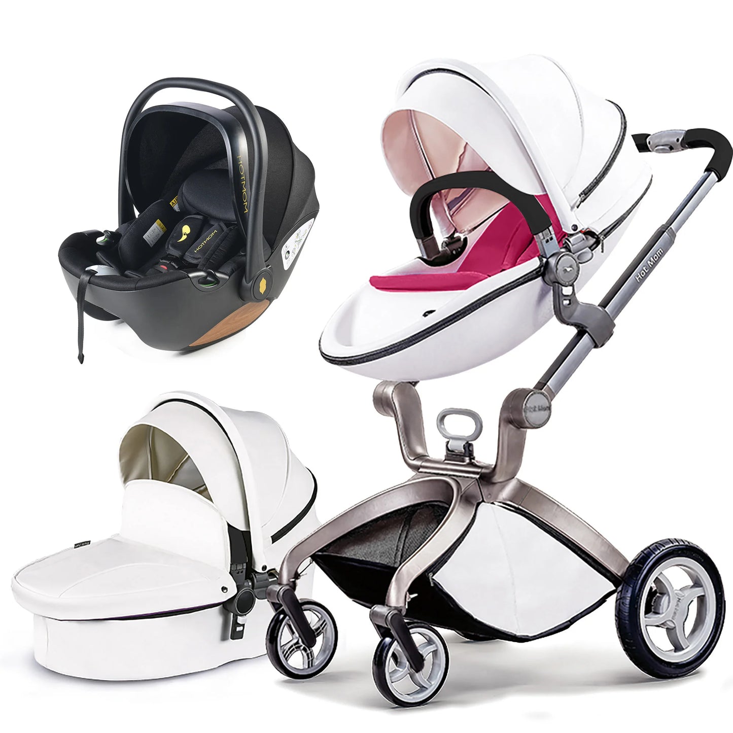 Hot Mom F22 Baby Stroller 3 In 1 Adjustable Seat Aluminum Frame Solid Rubber Tires Rain Cover Mosquito Net Large Storage Basket
