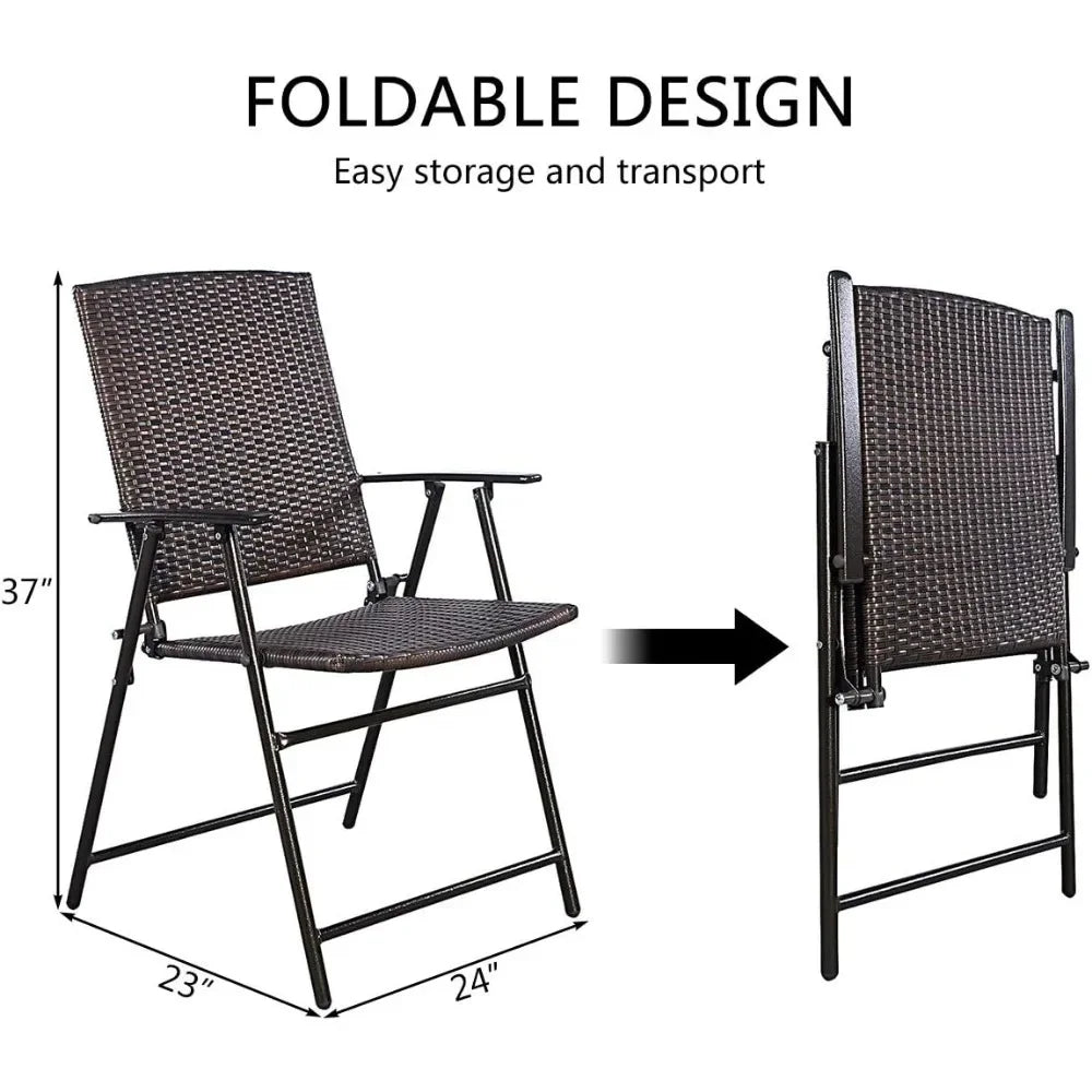4 Piece Folding Patio Chair Set Outdoor Pool Lawn Portable Wicker Chairs with Armrest and Footrest Durable Rattan Steel Frame