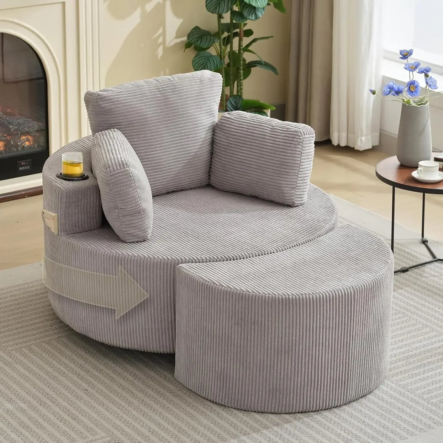 Swivel Accent Chair 42 Inch Wide Oversized Swivel Recliner Comfy Upholstered Round Barrel Chair with Ottoman for Living Room