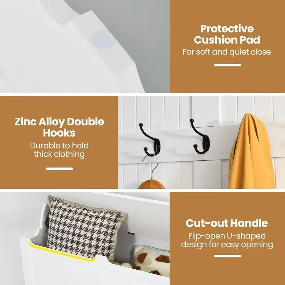 3 in 1 Coat Rack with 5 Double Hooks and Anti Toppling Strip Storage Bench with Bottom Storage Organizer for Hallway Bedroom