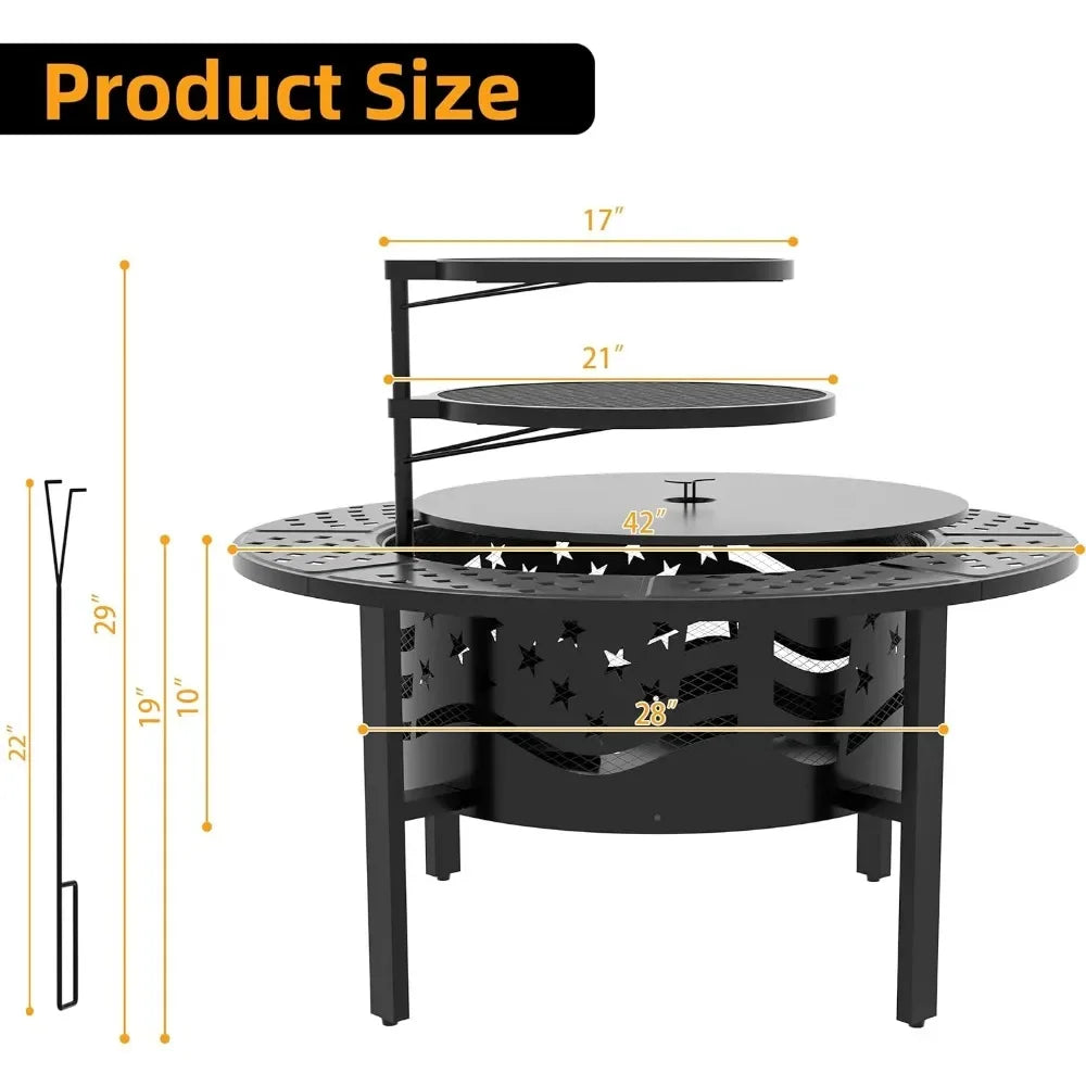 42 Inch Outdoor Fire Pit with 2 Grills Wood Burning Firepit with Cover and Poker Heavy Duty Metal for Outside