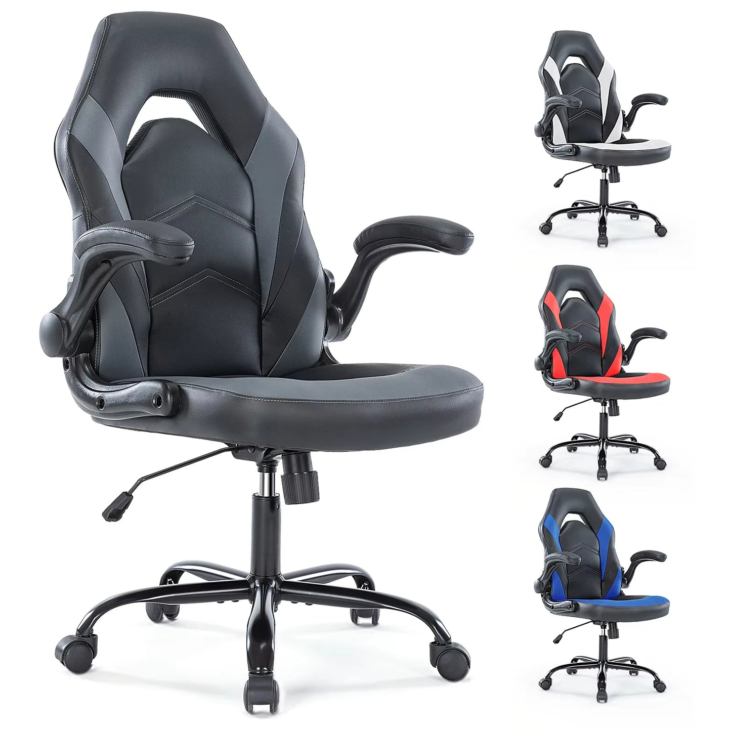 JHK Ergonomic Office Computer Gaming Desk Chair Adjustable PU Leather Racing Chair with Flip-Up Armrest Grey