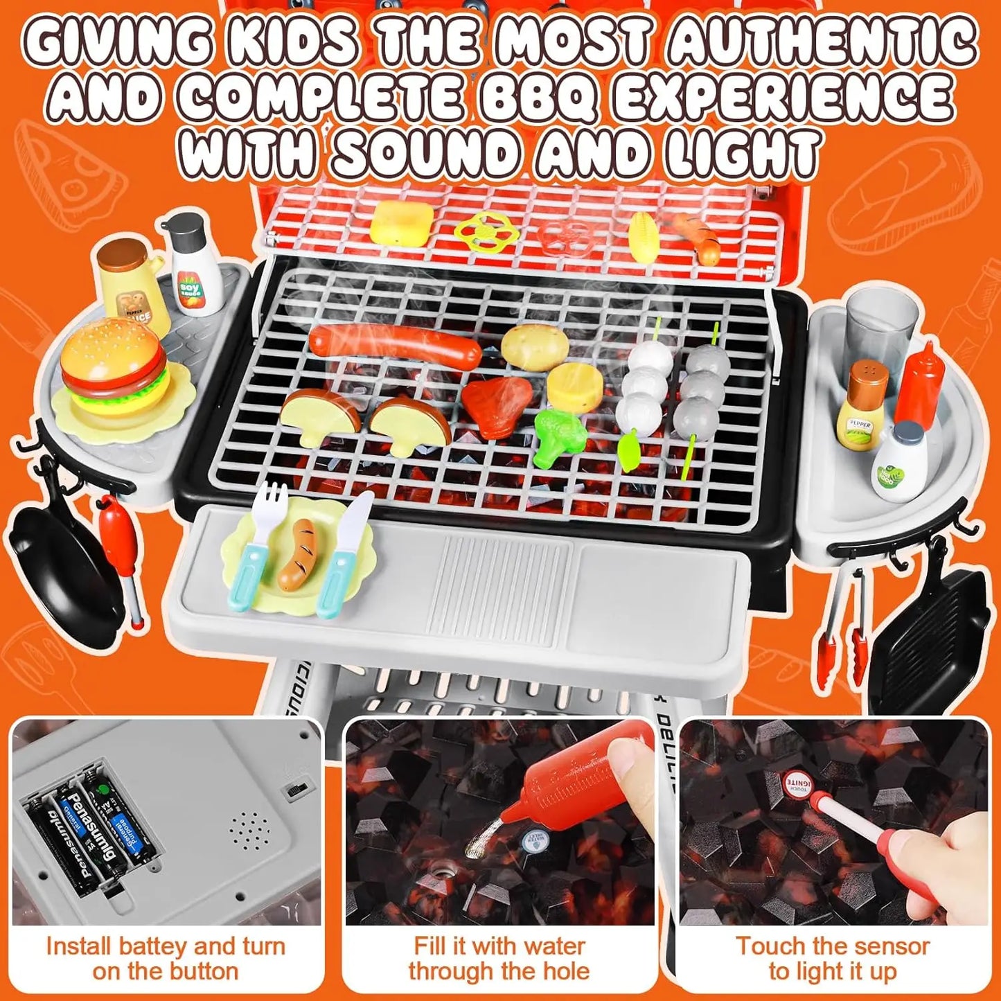 Kids Play Kitchen Grill BBQ Smoke Light 2 Layer Cooking Set