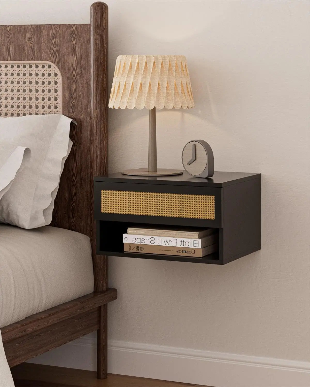 Floating Nightstand With Drawer Black Rattan For Bedroom
