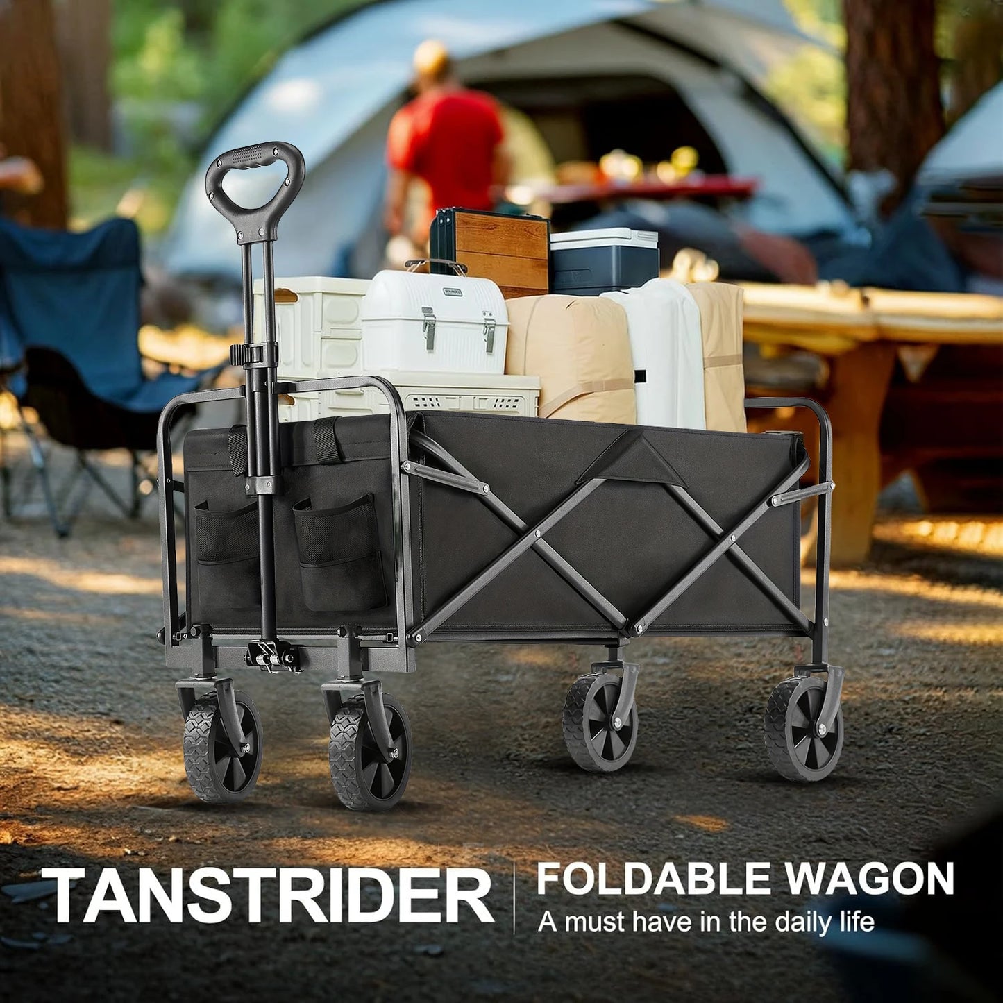 Heavy Duty All Terrain Folding Wagon Cart for Camping Grocery Shopping Garden and Sports Black Large Foldable Wagon