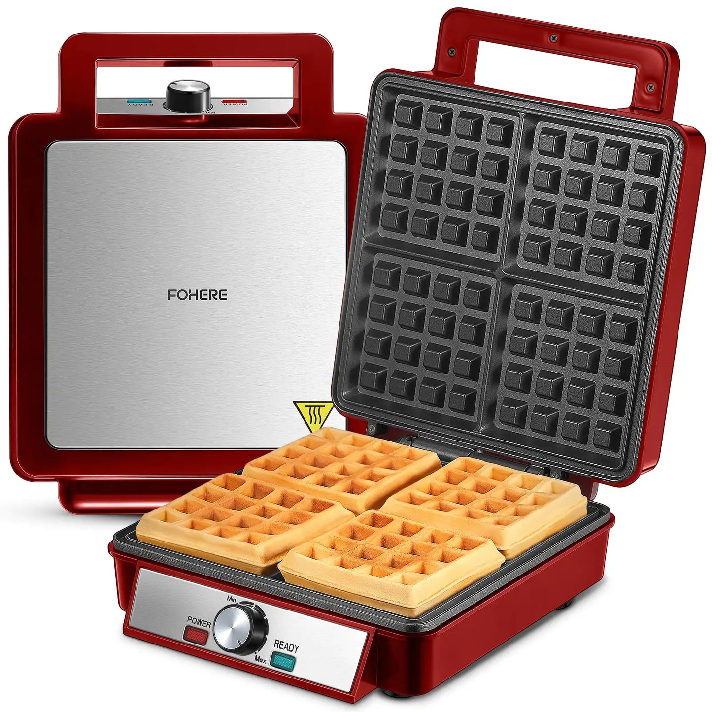 FOHERE Four Waffle Maker Electric Belgian Black Stainless