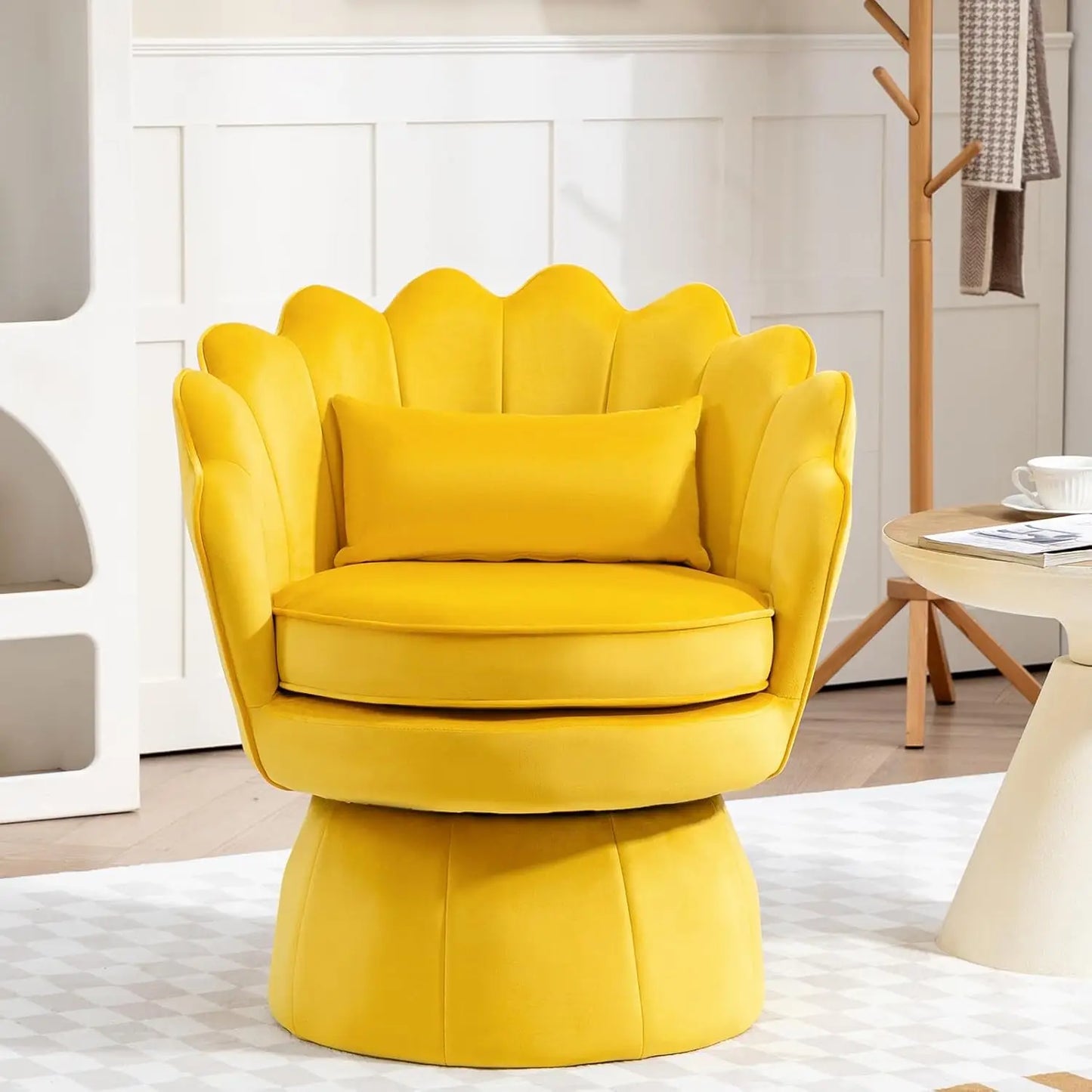 360° Swivel Accent Chair, Mid-Century Modern Velvet Barrel Chair, Comfy Shell Shape Arm Chair with Lumbar Pillow for Living Room