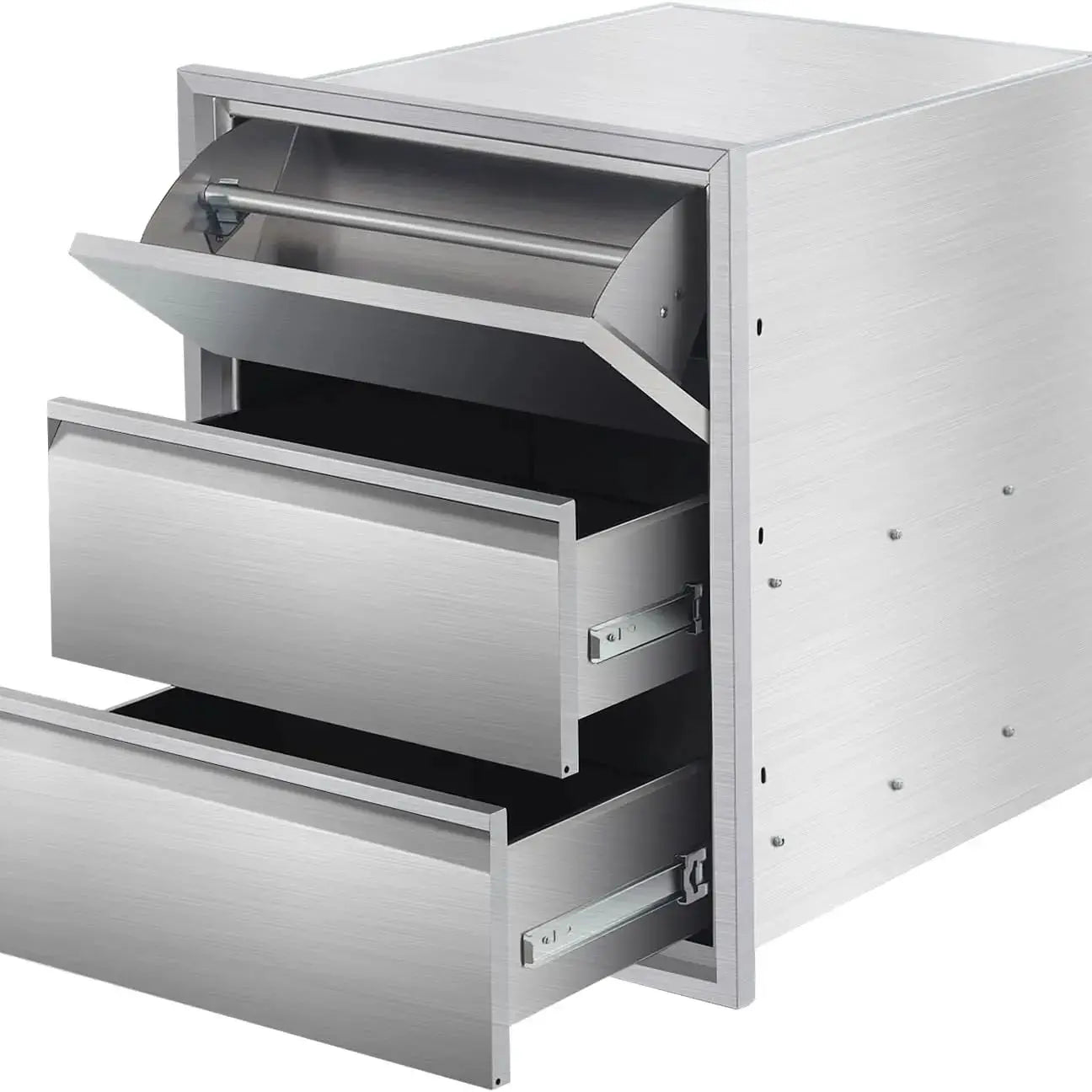 Outdoor Kitchen Drawers with Paper Towel Holder Stainless Steel BBQ Drawers 3-Layer Flush Mount Design