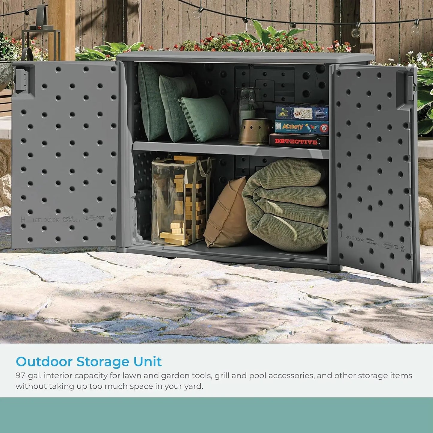 Lockable Outdoor Cabinet Storage for Patio Garden and Backyard 97 Gallon Cool Gray