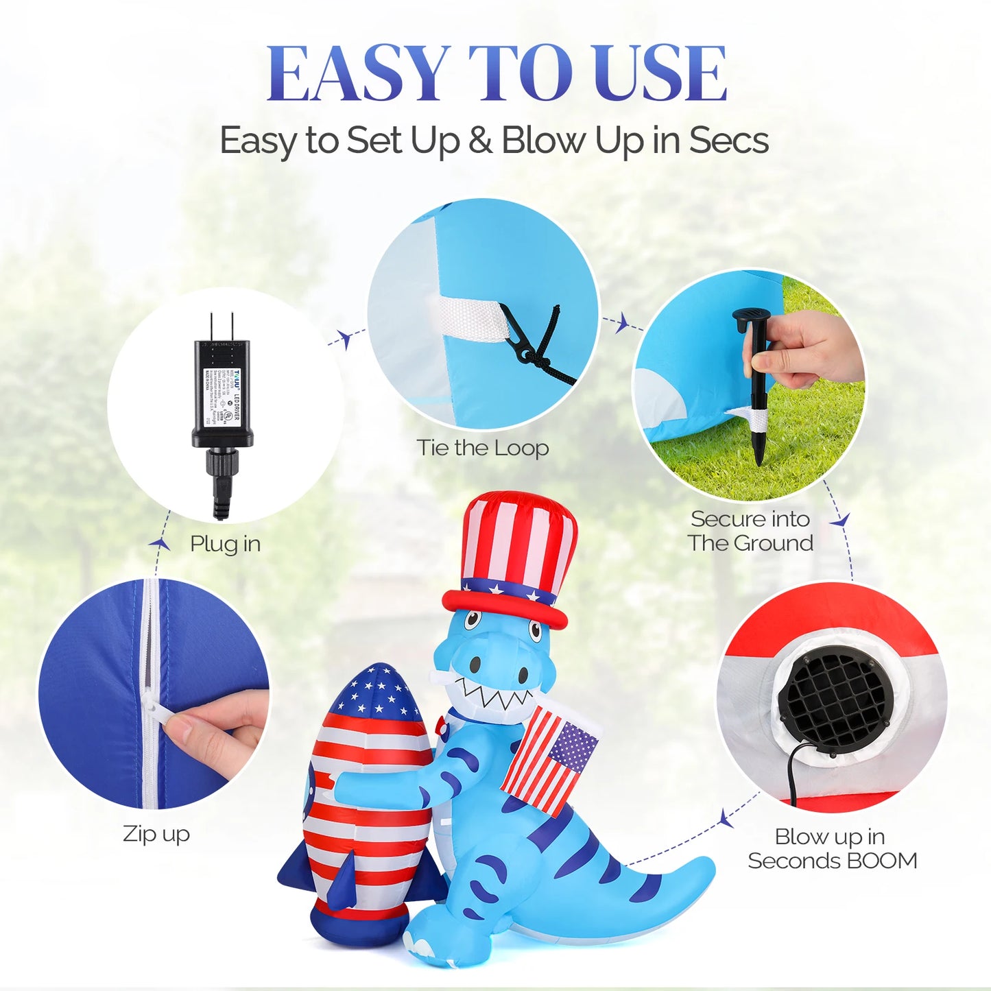 5ft Dinosaur Holding Rocket Independence Day Blow Up Lighted Decoration with 4 LED Lights