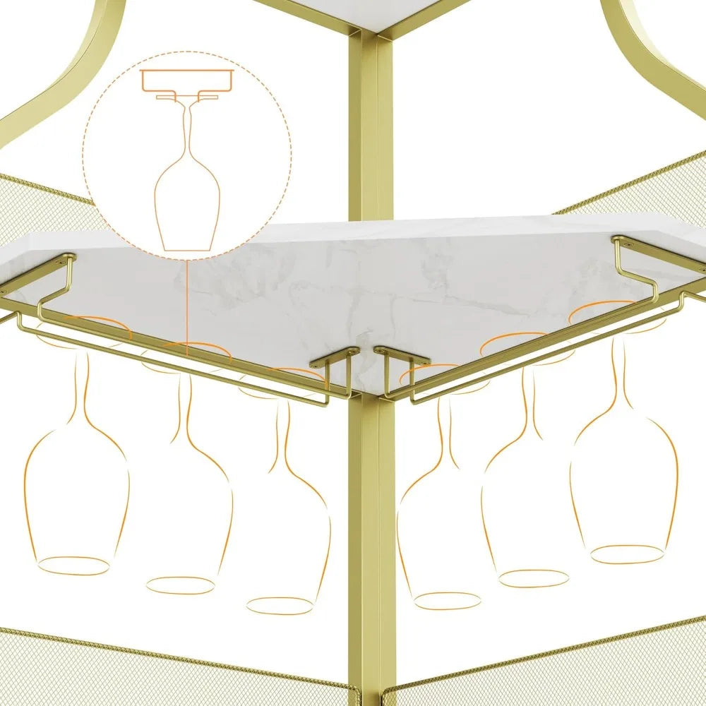 Corner Bar Wine Cabinet with LED Lights 5-Tier Industrial Wine Cabinet with Glass Holder Modern Liquor Cabinet White and Gold