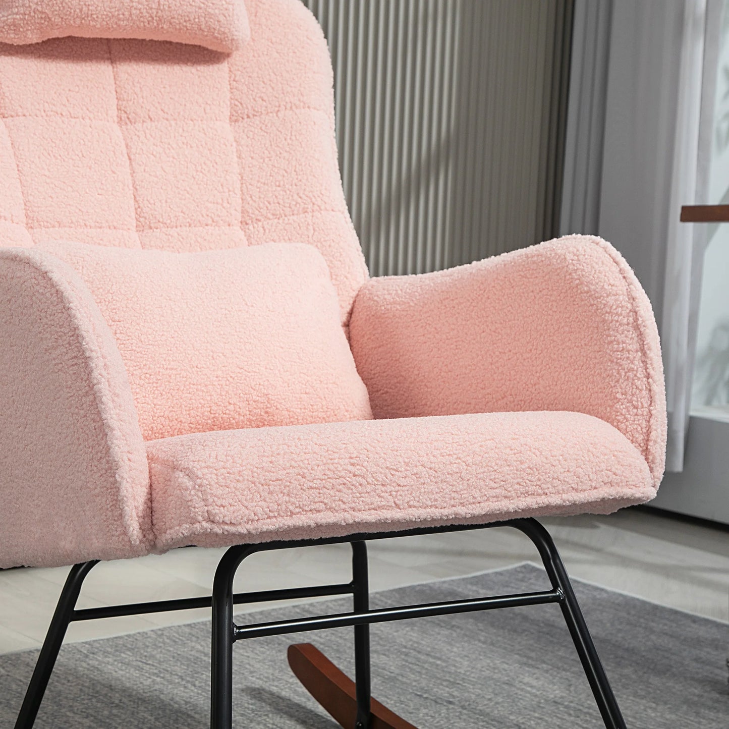 Homcom Boucle Rocking Chair with Headrest and Lumbar Pillow Pink