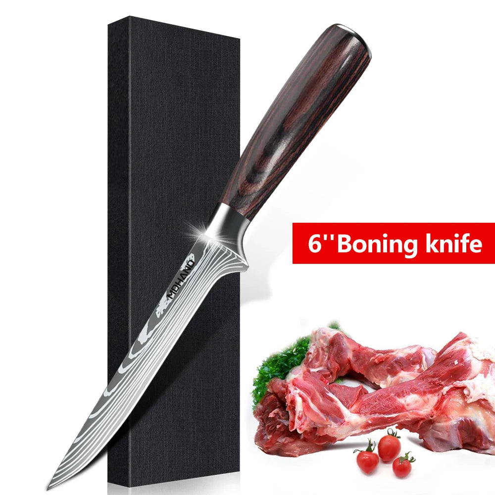 8PCS Japanese Kitchen Knife Set Professional Laser Damascus Pattern Stainless Steel Meat Cleaver Slicer Knife