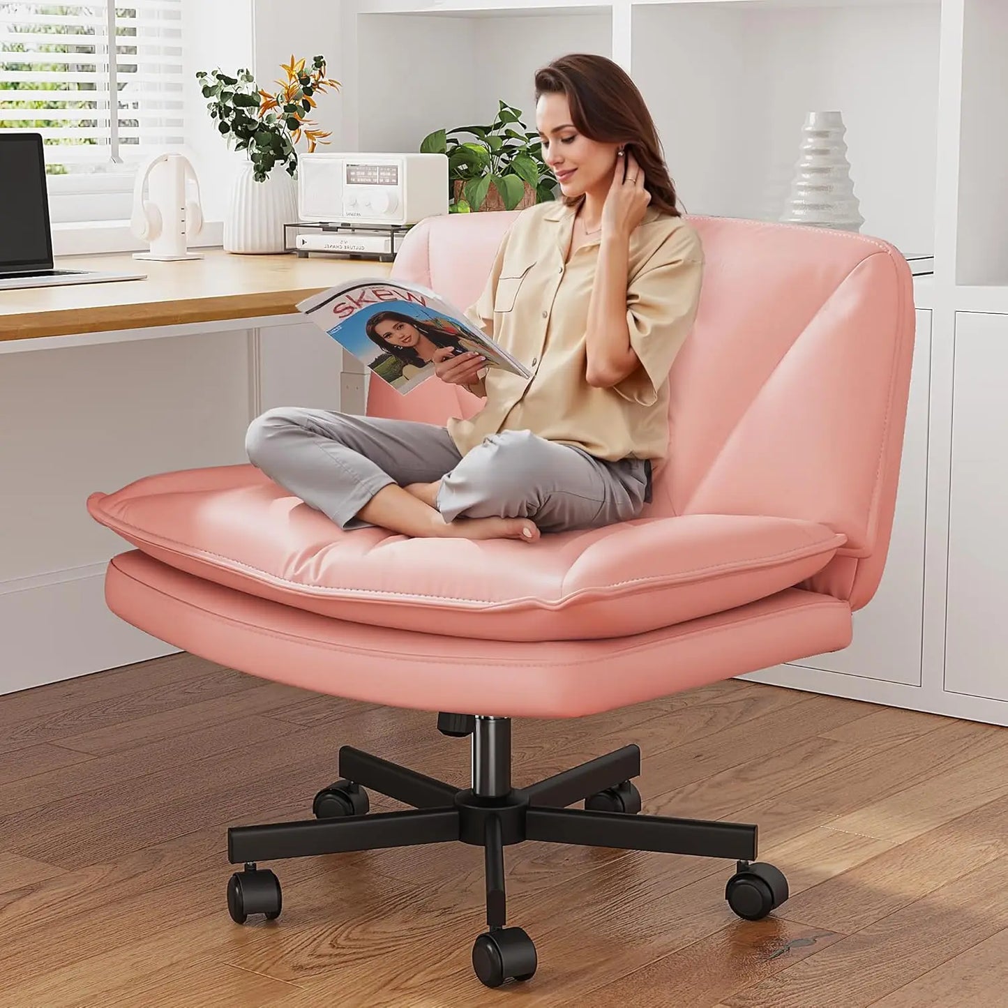 Armless 27 Inch Wide Criss Cross Chair with Wheels Leather Cross Legged Vanity Chair with Two Layer Cushion Swivel Modern Home Office White