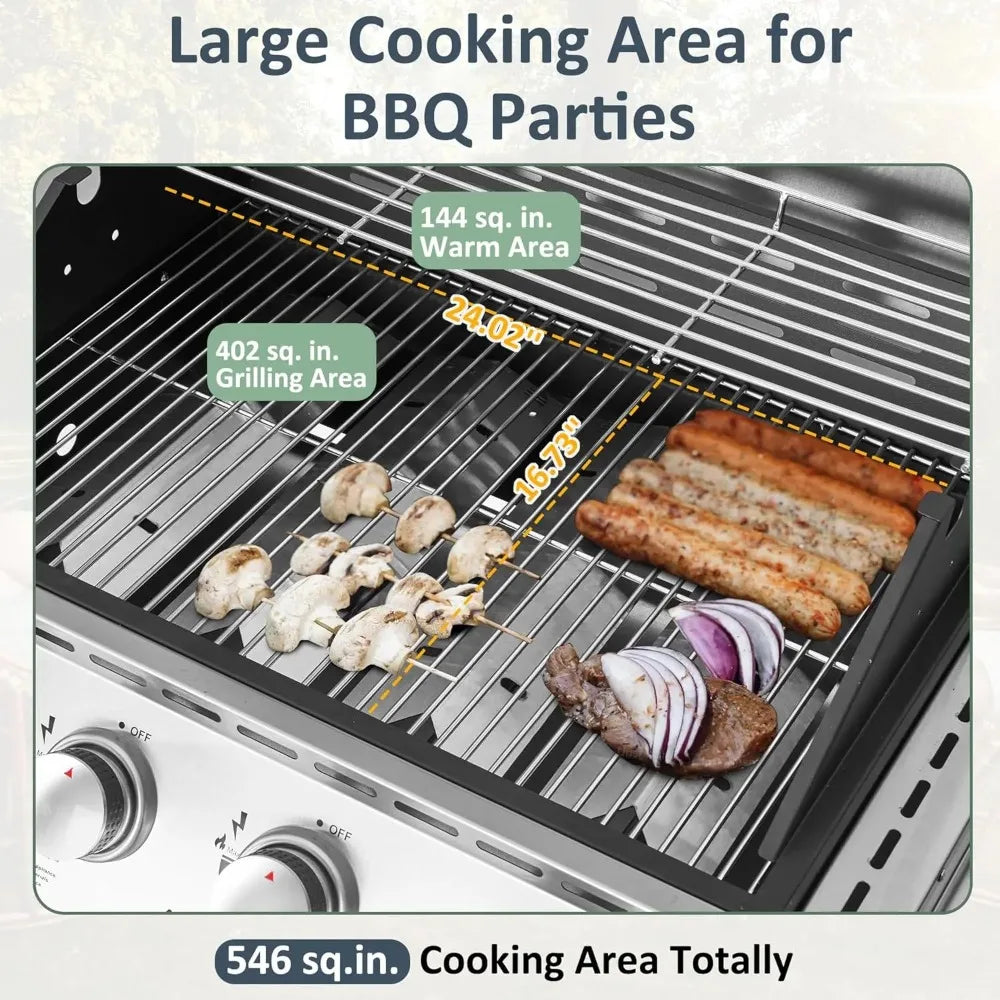 Propane Gas Grill with 4 Burners and Side Burner Stainless Steel Grill Cart with Wheels for Outdoor Patio Garden
