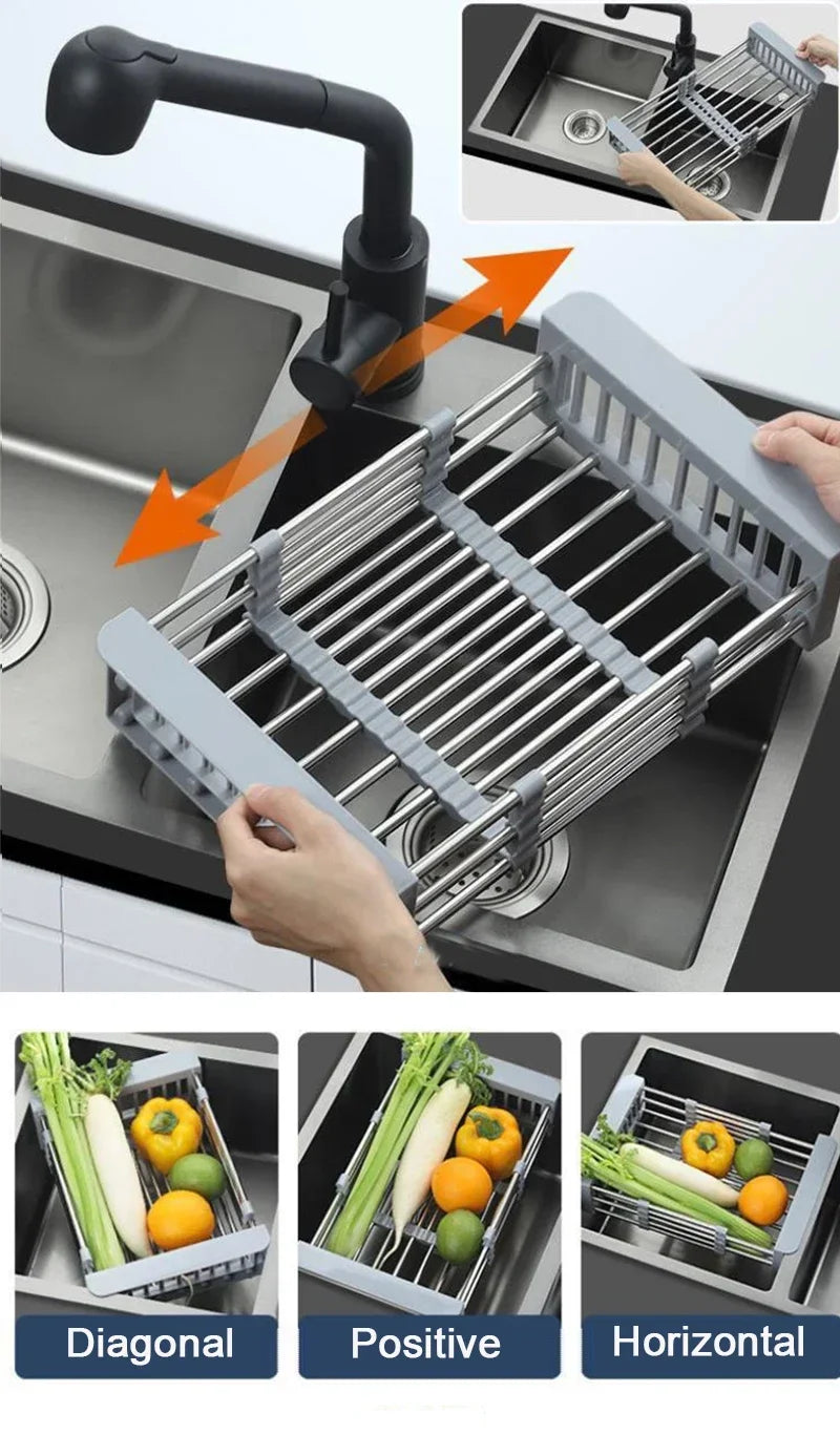 Kitchen Stainless Steel Sink Drain Rack 304 Dish Drying Rack Storage Organizer Black Small