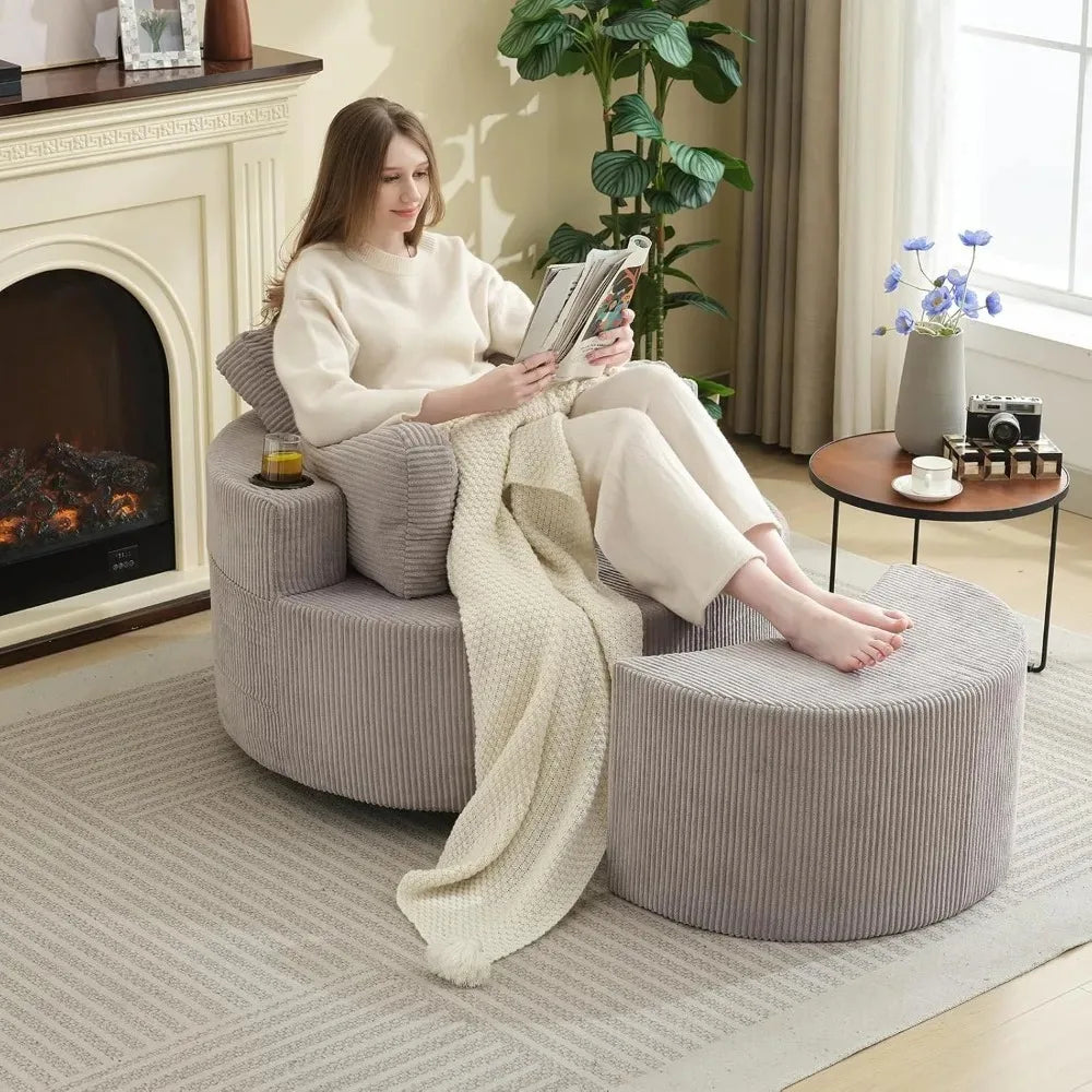 Swivel Accent Chair 42 Inch Wide Oversized Swivel Recliner Comfy Upholstered Round Barrel Chair with Ottoman for Living Room