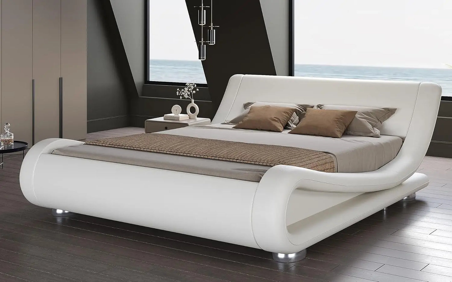Bed frame, Low Profile Sleigh Bed with Faux Leather Ergonomics Headboard, No Box Spring Needed Easy Assembly, Bedroom Furniture
