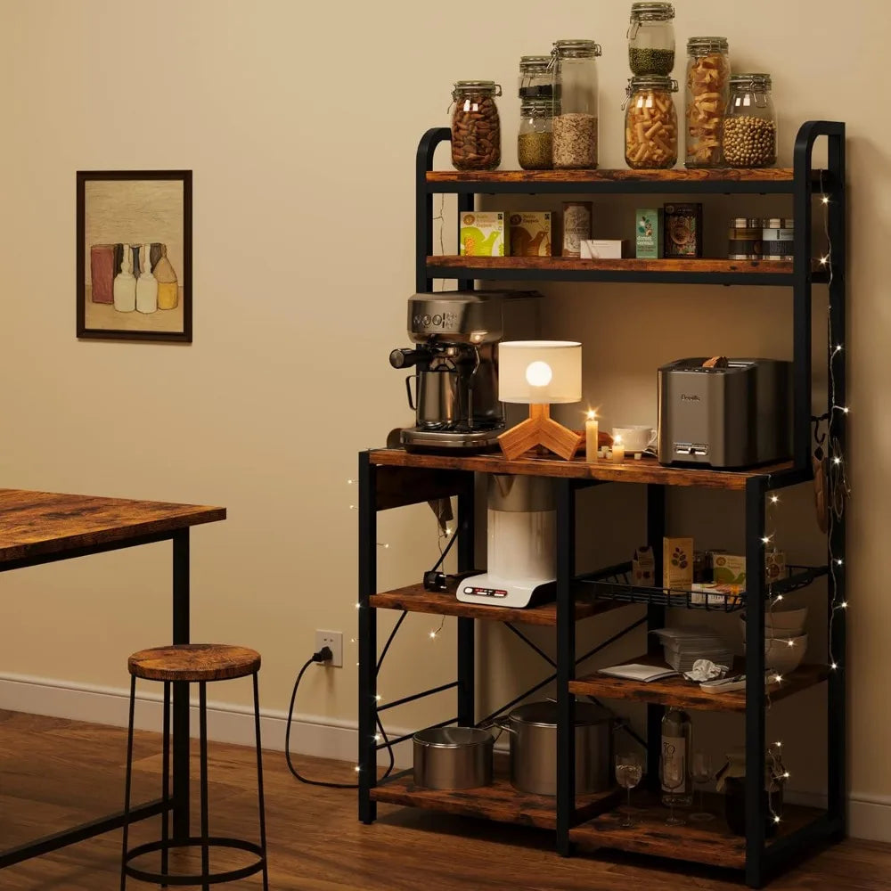 Bakers Rack with Power Outlet Coffee Bar with Wire Drawer Industrial Microwave Stand Kitchen Buffet Table with Large Storage Brown