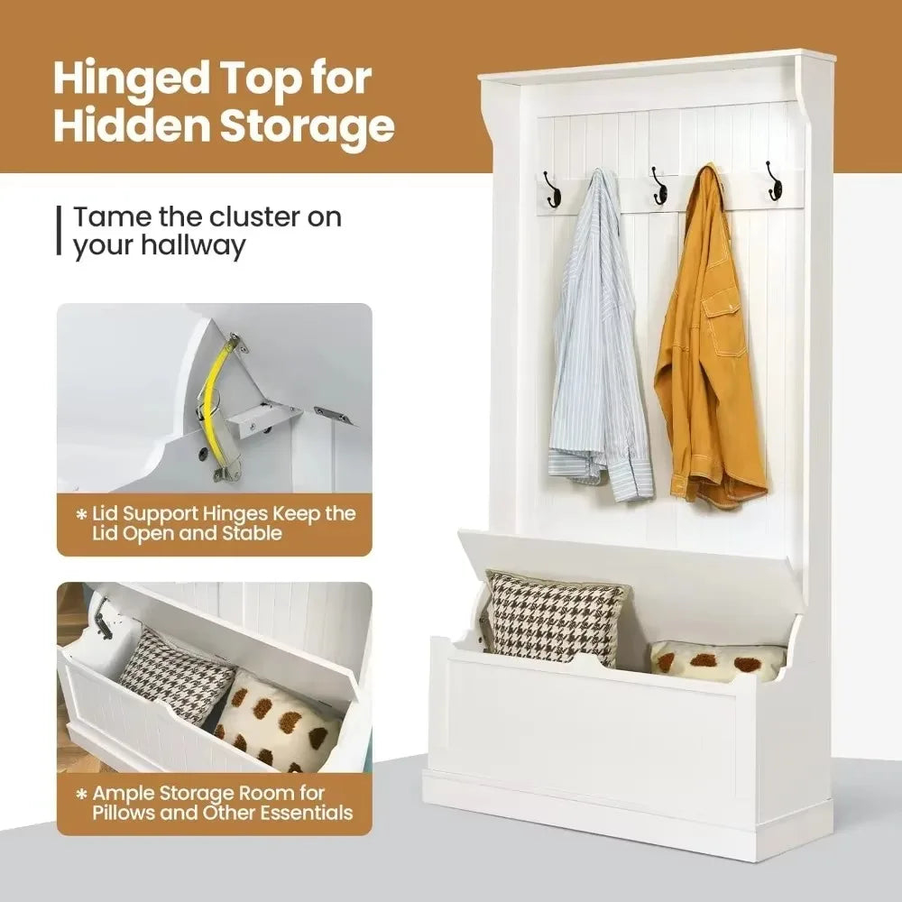 3 in 1 Coat Rack with 5 Double Hooks and Anti Toppling Strip Storage Bench with Bottom Storage Organizer for Hallway Bedroom