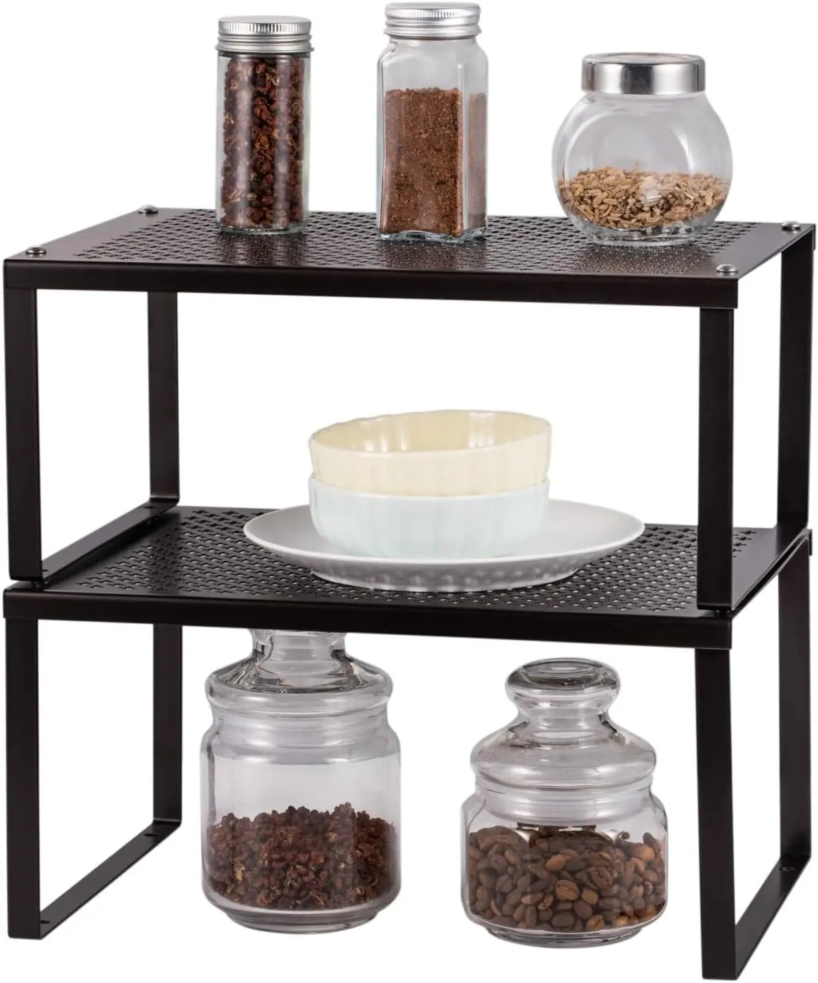 Expandable Stackable Kitchen Cabinet and Counter Shelving Organizer Multi Use Space Saving Storage Black