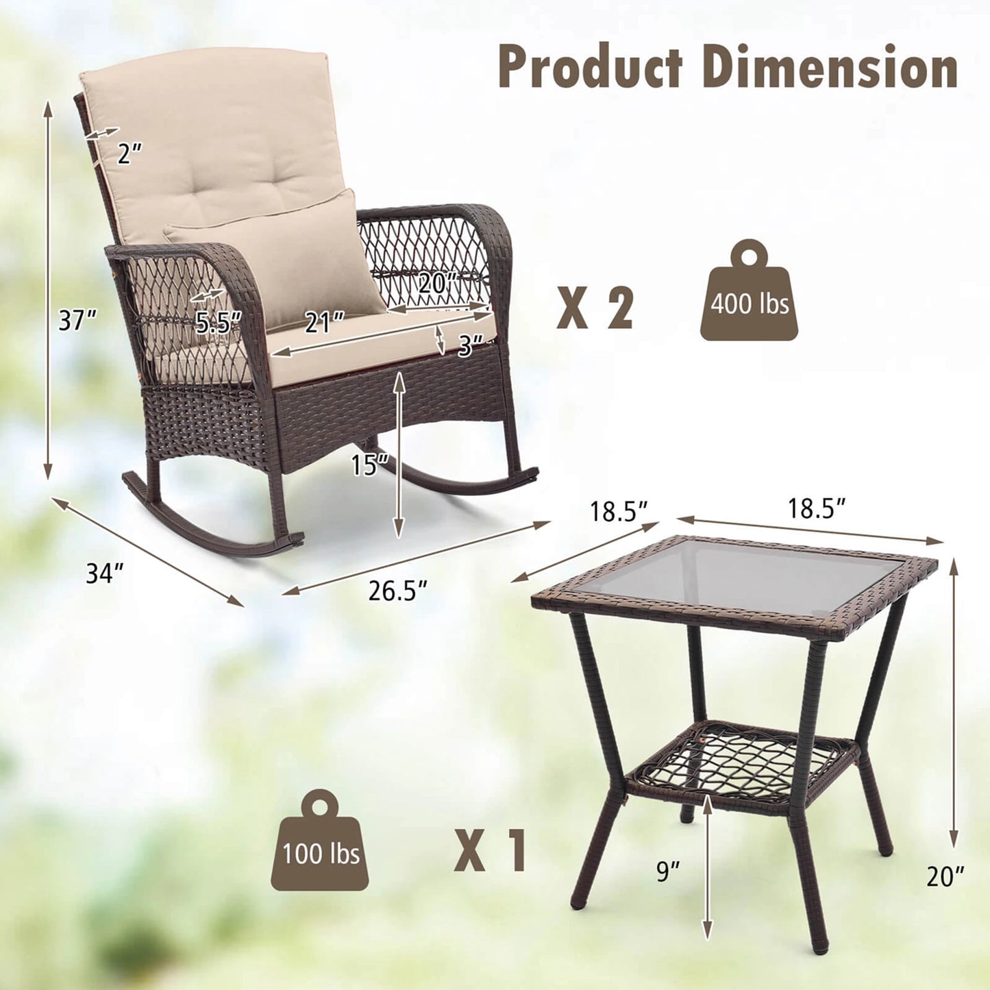 3 Piece Patio Rocker Set Outdoor Wicker Rocking Chairs with Double Layer Coffee Table Beige