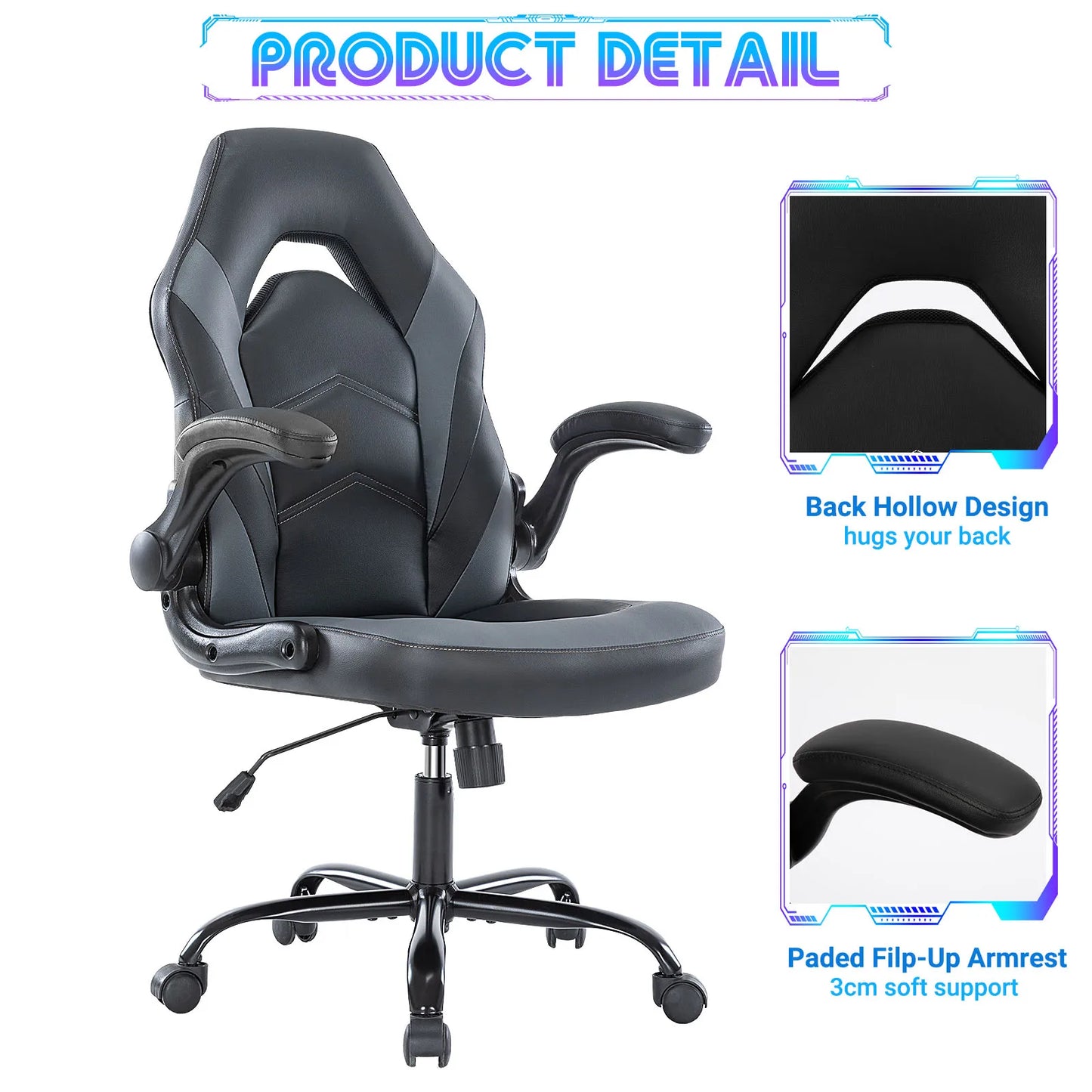 JHK Ergonomic Office Computer Gaming Desk Chair Adjustable PU Leather Racing Chair with Flip-Up Armrest Grey