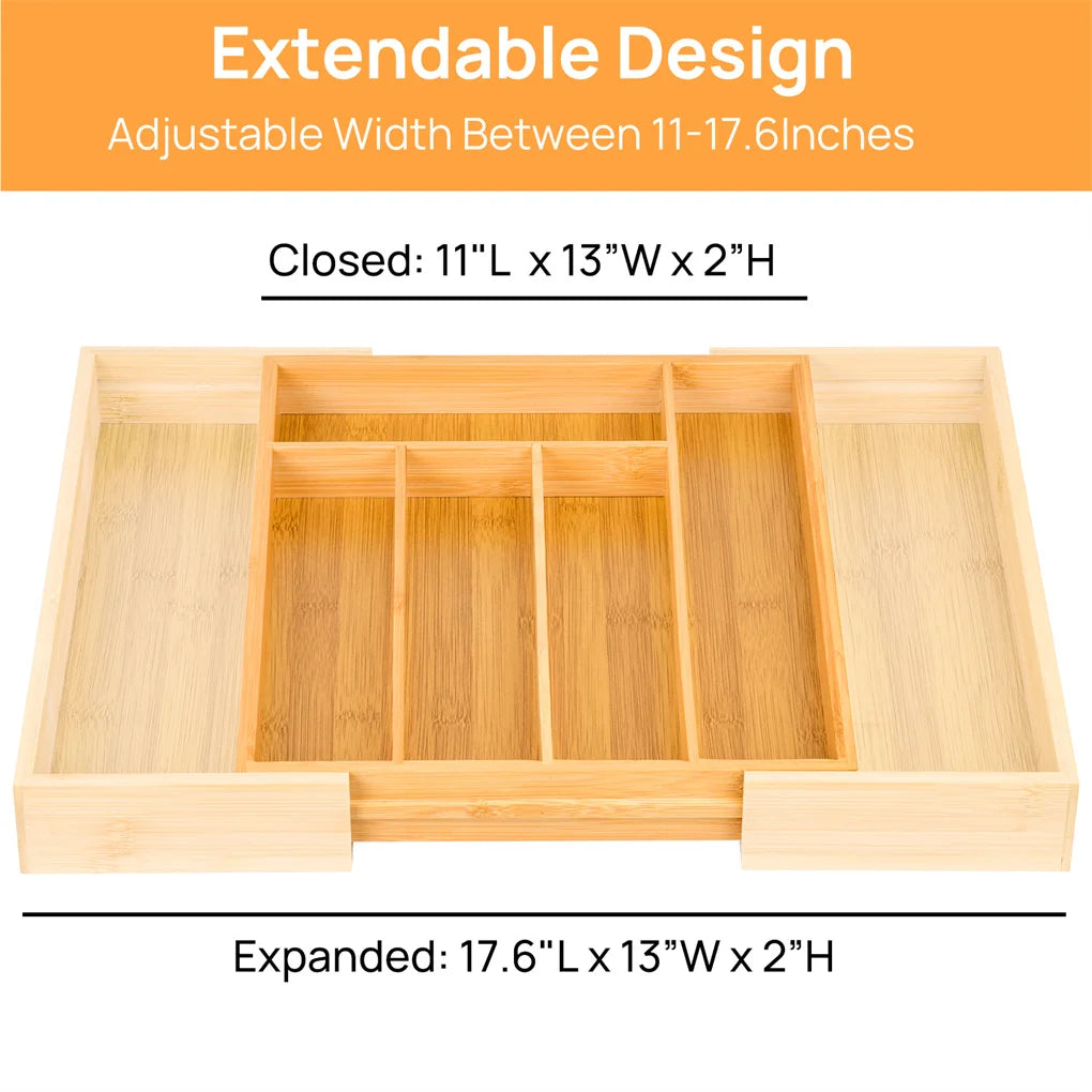 Expandable Bamboo Kitchen Drawer Organizer Adjustable Cutlery Tray for Utensils Silverware and Flatware 5 to 7 Slots