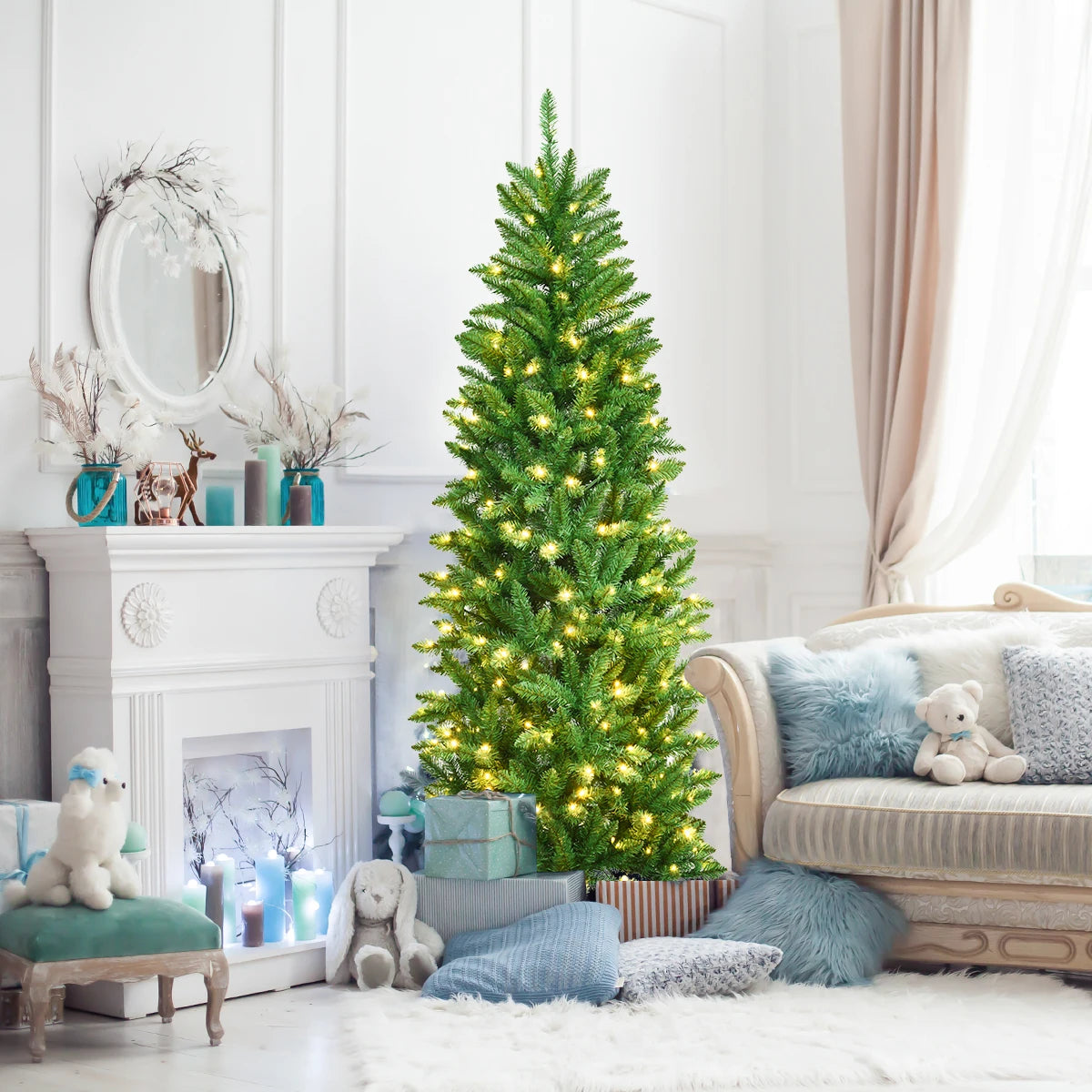 6Ft Pre-lit Artificial Pencil Christmas Tree Hinged Fir PVC Tree/ 250 LED Lights