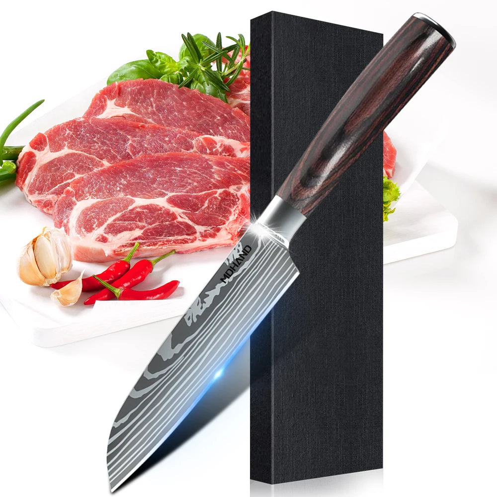5PCS Japanese Kitchen Knives Set Professional Laser Damascus Pattern Stainless Steel Meat Cleaver Slicer Knife