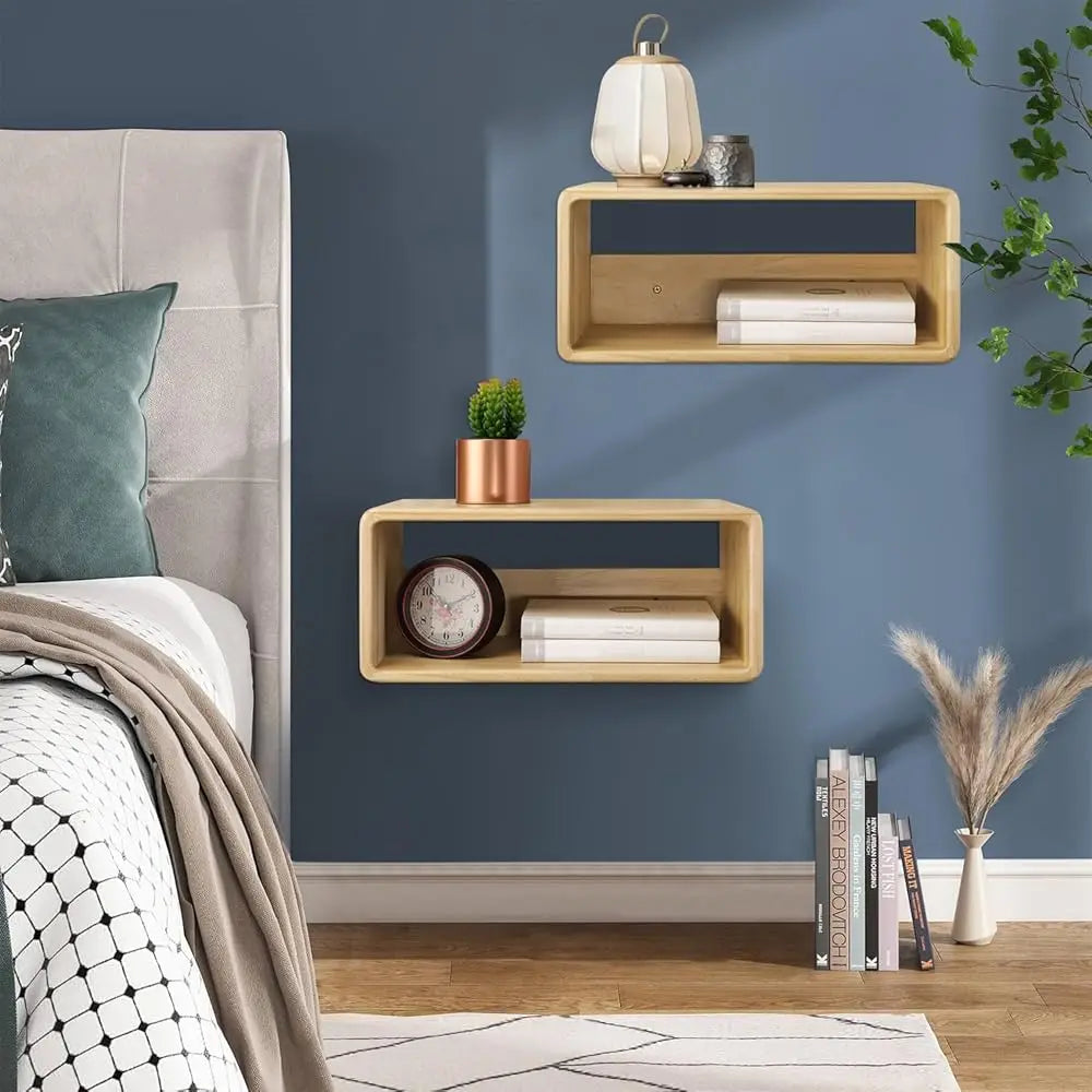 Floating Nightstand Set 2 Wall Mounted Pine Wood Table