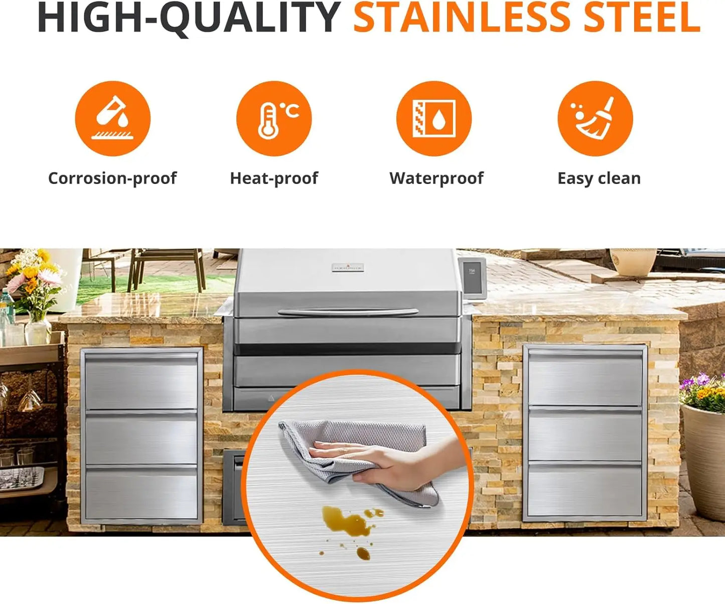 Outdoor Kitchen Drawers with Paper Towel Holder Stainless Steel BBQ Drawers 3-Layer Flush Mount Design