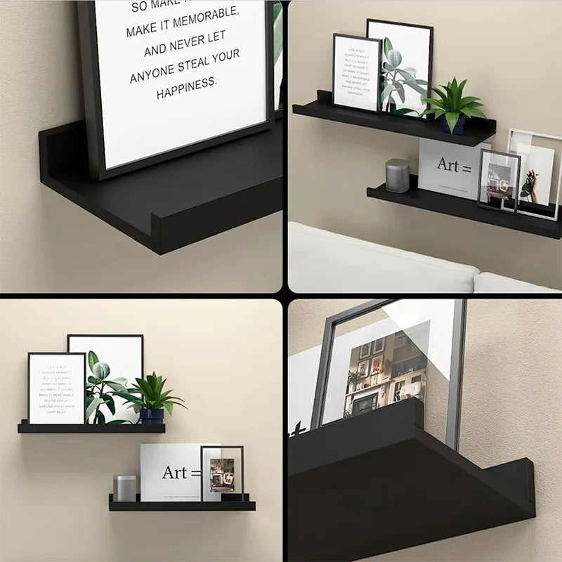 6 Pieces Wall Hanging TV Mezzanine Solid Wood Partition Display Stand for Bedroom and Living Room Black