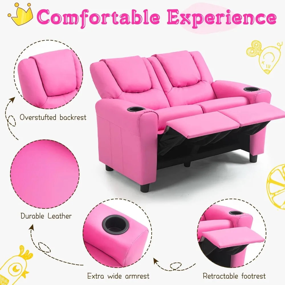 Double Recliner Chair With Cup Holder PU Leather Kids Sofa