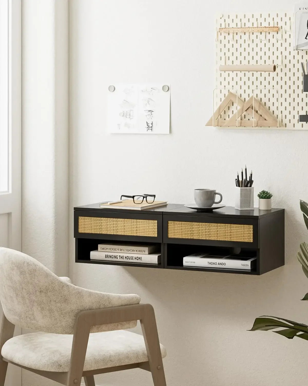 Floating Nightstand With Drawer Black Rattan For Bedroom