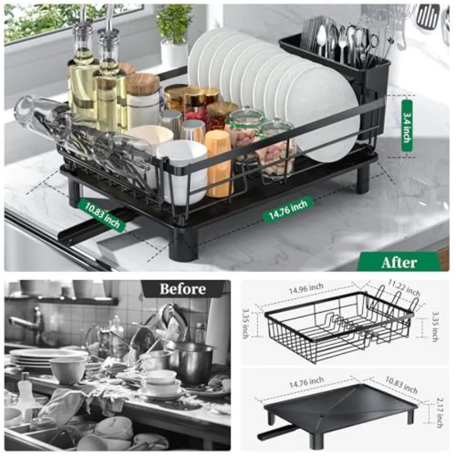 Dish Drying Rack Space Saving Kitchen Counter Rack with Drainer Rustproof Sink Organizer and Utensil Holder
