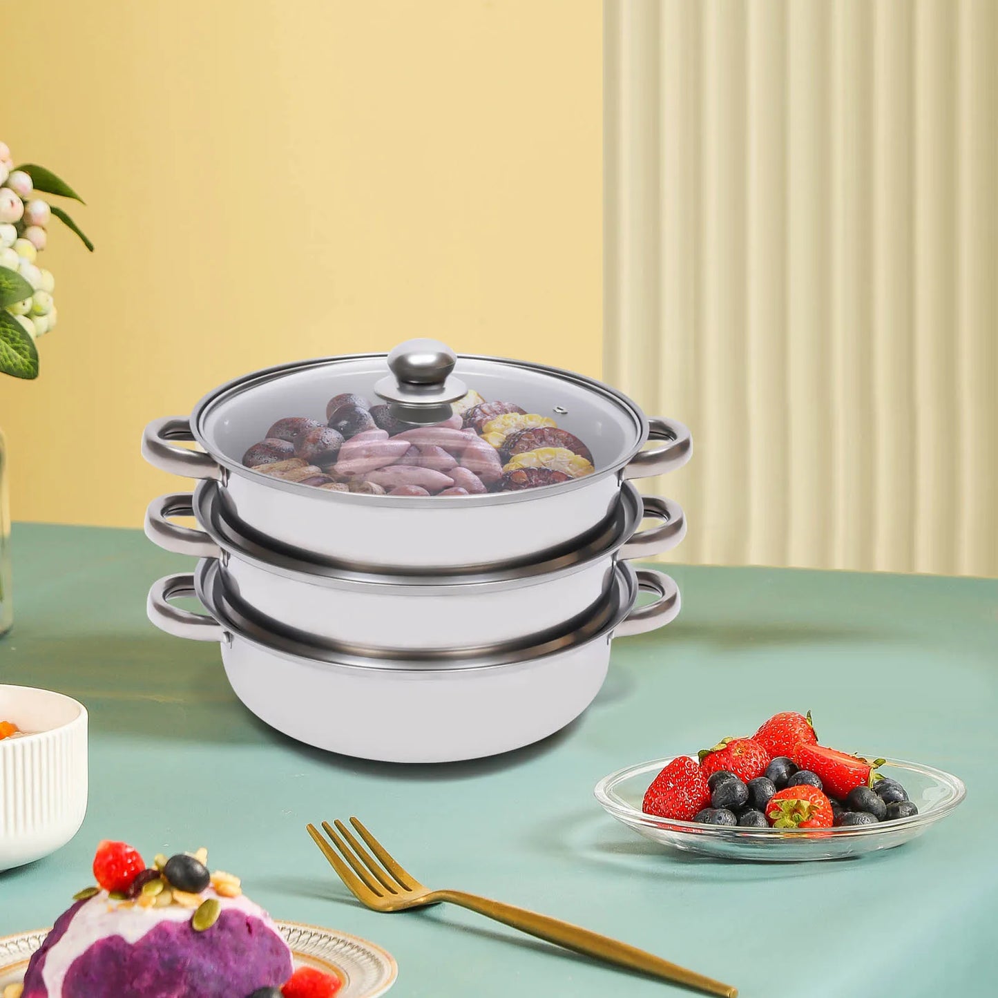 3 Tiers Stainless Steel Steamer 28cm Overlapping Steaming Pot Cookware Kitchen Soup Cooker Set Silver with Glass Lid