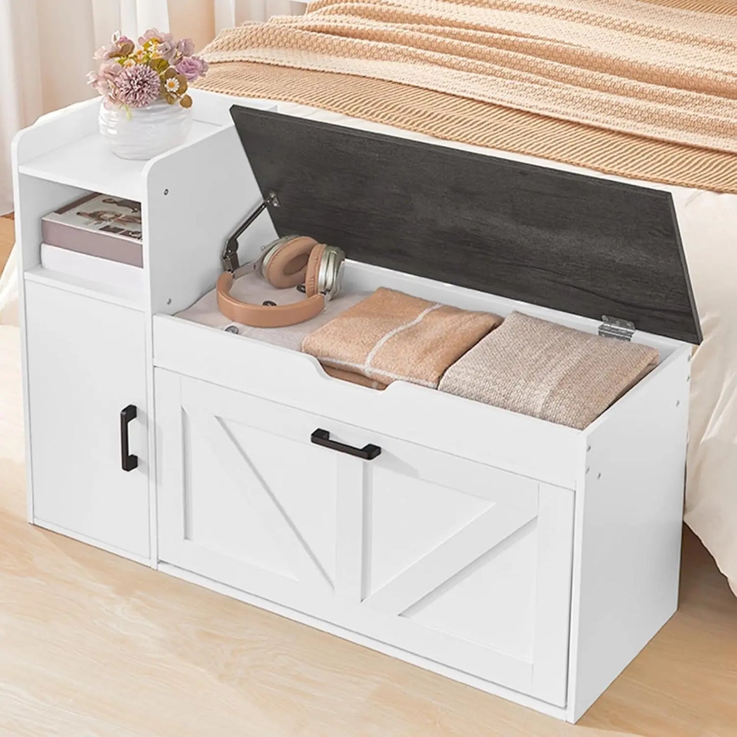 Farmhouse Shoe Storage Bench With Flip Drawer Seat White