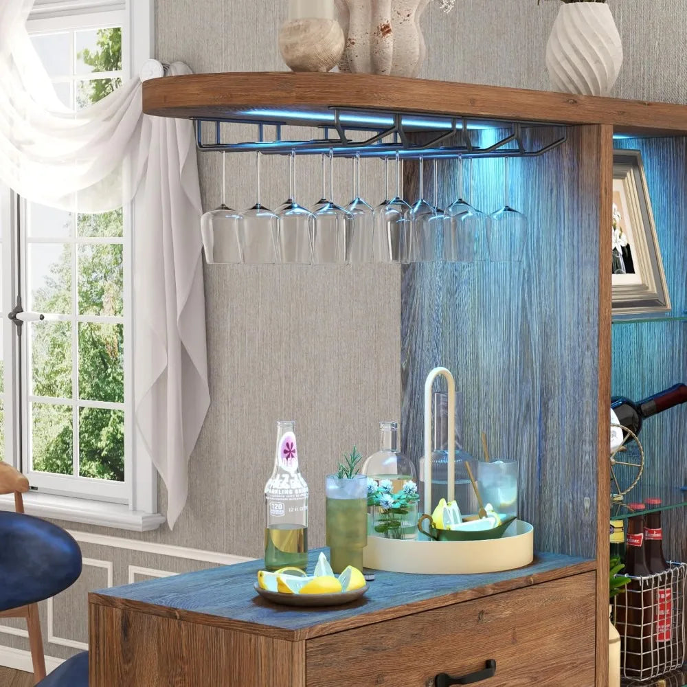 LED Bars Cabinet with Wine Glass Holder and Glass Display Cabinet Coffee Bars with Storage and Two Drawers for Home Dining Room